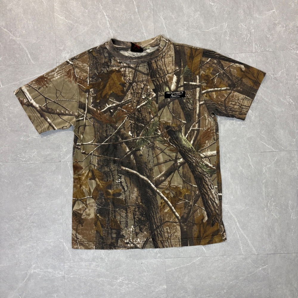 Realtree Pro-Series Kids XL Camo Short Sleeve Pocket T-Shirt Brown Green